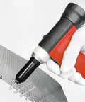 Heavy-Duty Pneumatic Rivet Gun S70 With Air-Powered Hydraulic Force and Three Nosepieces for 4 5 And 6 4 Millimeter Rivets Includes Waste Collection Tube showing on metal sheet.