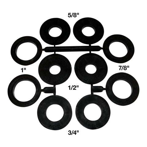 Five arbor adapters for Crimped Wire Bench Wheel Brush 10 Inch With 1 Inch Bore And 1.25 Inch Arbor, heavy duty cleaning tool.