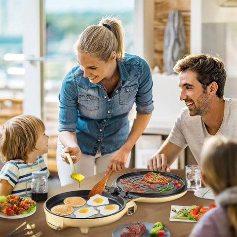 Family cooking with Bear 11.8 Inch 1500W Electric Smokeless Indoor Grill With Adjustable Temp Control Nonstick Pan.