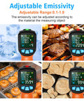Dope Non Contact Infrared Thermometer Gun With Color LCD showing readings on ice, grilling meat, baking donuts, wood logs