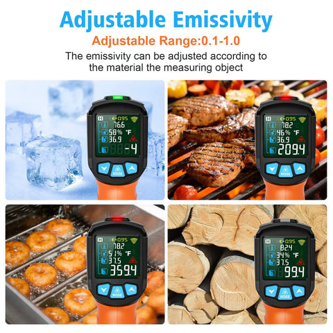 Dope Non Contact Infrared Thermometer Gun With Color LCD showing readings on ice, grilling meat, baking donuts, wood logs