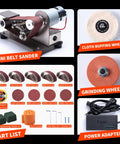 Super Slick Mini Belt Sander With Seven Adjustable Speed Settings For Knife Sharpening And Woodworking Or Light Metal Grinding No Fuss Compact Power Tool showcasing parts and accessories.