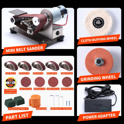 Super Slick Mini Belt Sander With Seven Adjustable Speed Settings For Knife Sharpening And Woodworking Or Light Metal Grinding No Fuss Compact Power Tool showcasing parts and accessories.