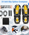 24 Spike Ice Crampons For Shoes With Silicone Snow Grips displayed with straps and carrying bag on snowy background