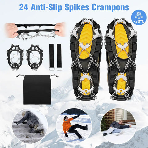 24 Spike Ice Crampons For Shoes With Silicone Snow Grips displayed with straps and carrying bag on snowy background