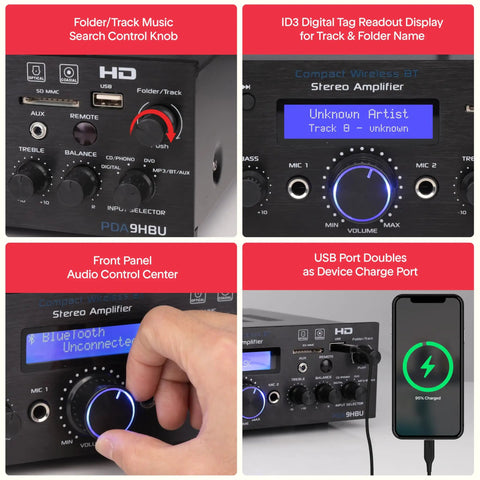Wireless Bluetooth All In One Home Stereo Amplifier with 200 Watt Multi Channel Power and Turntable Ready Phono Preamp close-up