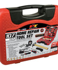 107 Piece Home And Auto Tool Set With Reversible 3/8 Inch Drive Ratchet in red carry case displayed from the front