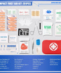 Front view of compact 201-piece first aid kit with red waterproof zip pouch and assorted supplies
