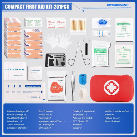 Front view of compact 201-piece first aid kit with red waterproof zip pouch and assorted supplies