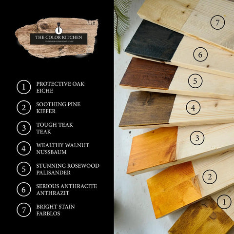 Premium Weatherproof Wood Stain With Semi Gloss Walnut Finish For Indoor And Outdoor Use color samples displayed on wood pieces