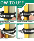 Cable clamp kit, stainless steel with rubber coating, 1-1/4 inch, used around pipes; step-by-step installation.