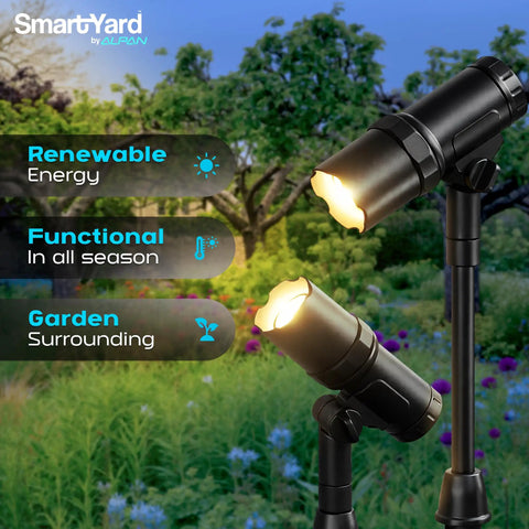 Outdoor Solar Spotlight Set Two Pack With Fifteen Inch Panel Waterproof LED Easy Install And Adjustable Height For Yard Garden Patio And Trees Lit Solar Landscape Lights shining in a garden