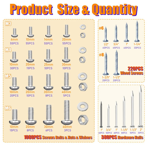 Massive 1680 Piece Nails And Screws Kit With Bolts And Nuts For DIY Home Projects, Includes M3 Through M6 Machine Screws chart