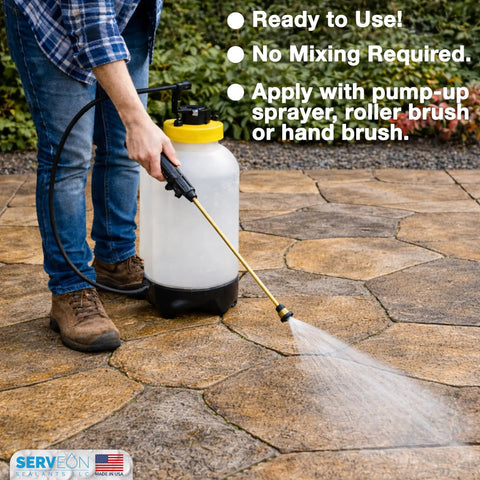 Applying Heavy Duty Concrete Paver Sealer Providing Dope Clear Gloss Finish On Outdoor Stone Surfaces using a pump sprayer.