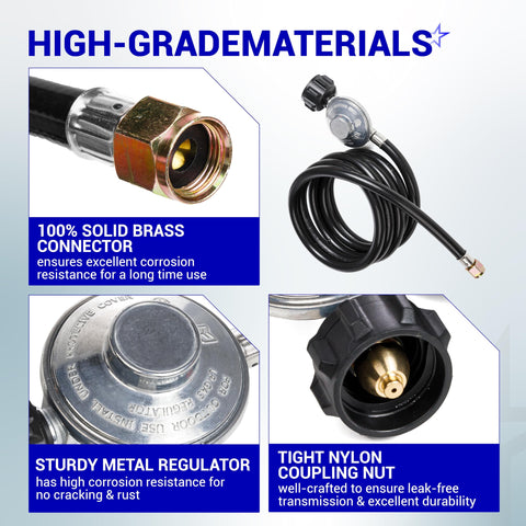 8 Ft QCC1 Propane Regulator And Adapter Hose with solid brass connector and metal regulator for LP gas grills and heaters.