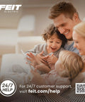 Family using tablet on couch, Feit Electric logo, 24/7 customer support link with QR code.