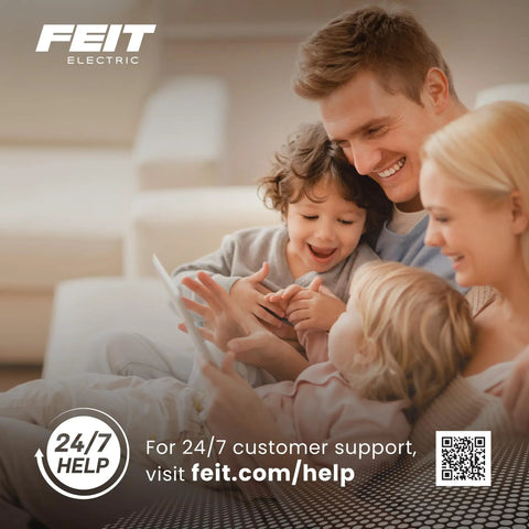 Family using tablet on couch, Feit Electric logo, 24/7 customer support link with QR code.