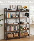 Five Tier Corner Bookshelf Sturdy Metal Frame 14 Inch Tall Shelves Plant Stand Storage Rack Vintage Brown filled with books and decor.