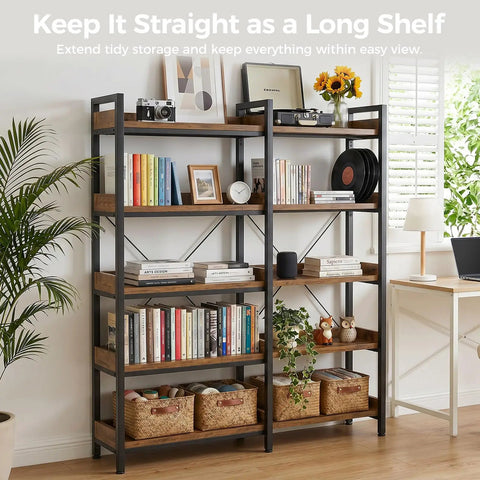 Five Tier Corner Bookshelf Sturdy Metal Frame 14 Inch Tall Shelves Plant Stand Storage Rack Vintage Brown filled with books and decor.