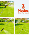 Four Nozzles Metal Boom Wand Sprayer Pro Grade With Brass Fittings shown in three spray modes on lush green lawn.