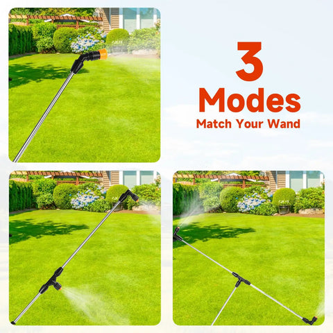 Four Nozzles Metal Boom Wand Sprayer Pro Grade With Brass Fittings shown in three spray modes on lush green lawn.