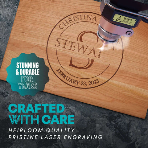 Personalized wooden cutting board, front view, laser-engraved circular name and date.