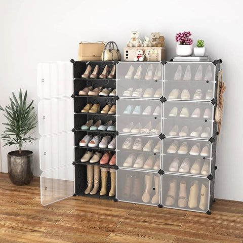 Portable Shoe Rack Organizer With Door 8 Tier Adjustable Stackable Free Standing Cabinet For 48 Pairs Shoes Easy Assembly Plastic Black Entryway