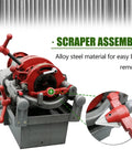 Heavy Duty Electric Pipe Threader For Half To Two Inch Npt Metal Pipes Comes With Tough As Nails Cast Iron Dies And A Built In Self Oiling System Powered By An All Copper Motor That Gets The Job Done Without A Hassle, showing alloy steel scraper assembly.