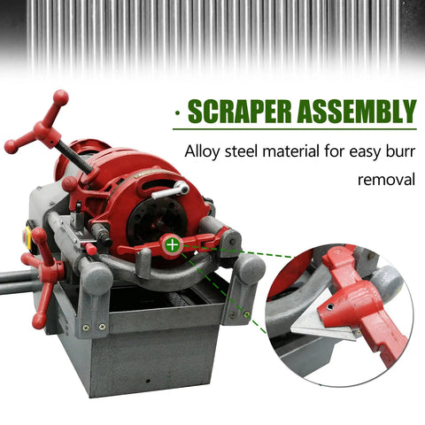 Heavy Duty Electric Pipe Threader For Half To Two Inch Npt Metal Pipes Comes With Tough As Nails Cast Iron Dies And A Built In Self Oiling System Powered By An All Copper Motor That Gets The Job Done Without A Hassle, showing alloy steel scraper assembly.