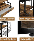 4-Tier Wooden Coffee Bar Organizer With Metal Frame And 36 K Cup Drawer featuring storage drawer, side mug hooks, mesh baskets, and adjustable feet.
