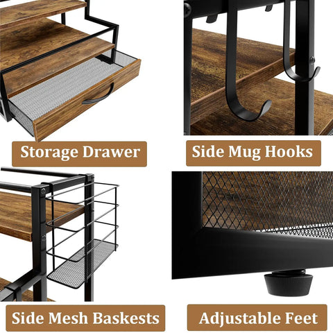 4-Tier Wooden Coffee Bar Organizer With Metal Frame And 36 K Cup Drawer featuring storage drawer, side mug hooks, mesh baskets, and adjustable feet.
