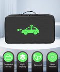 Hella Durable EV Charging Cable Storage Bag And Waterproof Auto Gear Organizer, Portable Shock Absorbent Rectangle Case For Jumper Cables And Truck Tools, Whip Safe Travel Pouch, Black with green car logo