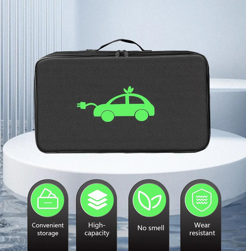 Hella Durable EV Charging Cable Storage Bag And Waterproof Auto Gear Organizer, Portable Shock Absorbent Rectangle Case For Jumper Cables And Truck Tools, Whip Safe Travel Pouch, Black with green car logo