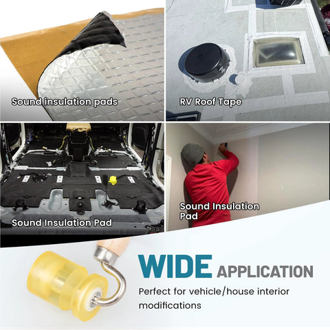 NuIth 3-in-1 auto sound-deadening roller with groove PU wheel and V-head; collage shows pads and RV roof tape