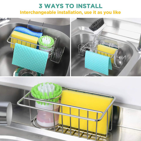 5 In 1 Sponge Holder For Kitchen Sink Space Saving SUS304 Stainless Steel Organizer No Drilling Or Adhesive Two Ways To Install Holds 2 Sponges 1 Dish Cloth 1 Brush And 2 Sink Strainers