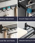 24 Inch Foldable Towel Rack With Movable Hooks And Towel Bar, Space Saving Wall Mount Shelf For Tiny Bathrooms, Rustproof Aluminum, Matte Black Finish showing adjustable hooks and smooth edges.
