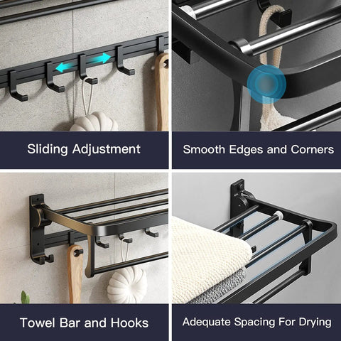 24 Inch Foldable Towel Rack With Movable Hooks And Towel Bar, Space Saving Wall Mount Shelf For Tiny Bathrooms, Rustproof Aluminum, Matte Black Finish showing adjustable hooks and smooth edges.