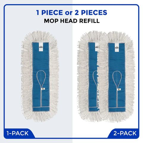 Top Shelf 24 Inch Cotton Dust Mop Kit With Heavy Duty Aluminum Handle For Dead Easy Floor Sweeping And Hardwood Dust Pick Up In Commercial Home Or Business Spaces, mop head refill in 1-piece and 2-piece options.