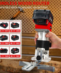 Slick Cordless Palm Router With Fast Brushless Motor And Complete 15 Pc Quarter Inch Shank Bit Kit For Flawless Wood Trimming and use with Milwaukee 18V battery.