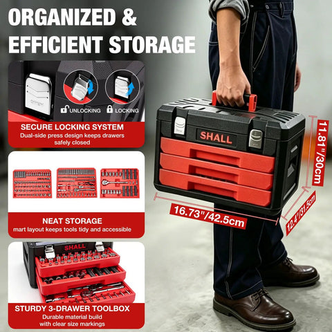 Person holding a toolbox for Beast 320 Piece Mechanic Tool Set With Quarter Inch Three Eighths Inch And Half Inch Drive Sockets SAE And Metric Seventy Two Tooth Ratchet Deep And Standard Sockets Wrenches Hex Keys Bits Extensions And Magnetic Handle For Auto Repair And DIY.