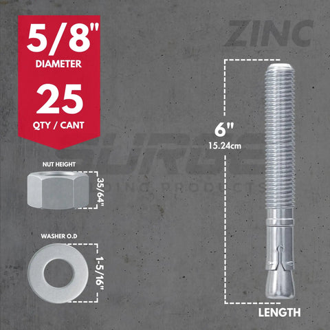 Heavy Duty Five Eighth Inch By Six Inch Zinc Plated Wedge Anchors For Concrete And Cement Masonry displayed with nut and washer.