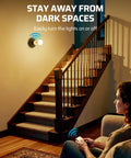 Remote Control Light Socket with Wireless Wall Switch lighting stairway, showing easy access from sofa, ETL listed for E26 E27 bulbs.