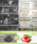 Five Pack Fridge Storage Containers With Removable Colanders, Leakproof Lids, And Clear Lids, shown before and after use in fridge.