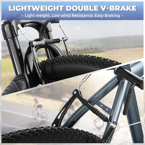 Close-up of 26 Inch Adult Mountain Bike With 7 Speed Front Suspension Fork Dual Disc Brakes showing V-brake and steel frame