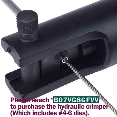 Close-up of hydraulic crimper needed for One Eighth Inch Adjustable Angle Cable Railing Hardware Swage Kit Single Screw For Wood Posts Marine Grade 316 Stainless Steel For Horizontal And Stair Railings Ten Pack installation