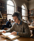 Man wearing High Quality Hearing Protection Ear Muffs SNR 29 dB Noise Canceling for Adults Teens Adjustable Headband in library.