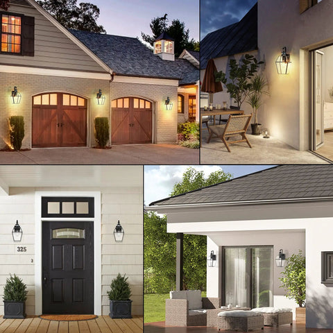 Collage of Motion Sensor Outdoor Wall Light 17 Inch Tall Black Dusk To Dawn Exterior Sconce installed on various houses
