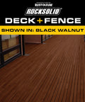 Hardcore Deck And Fence Stain With Gnarly UV Protection Black Walnut Oil Base applied to a wooden deck surface.