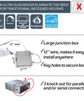 Diagram of Ultra Slim 4 Inch LED Recessed Lights Kit 6 Pack, IC Rated, showing large junction box and installation details