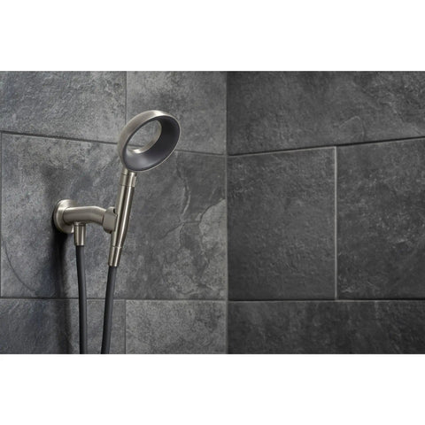 Statement VES Handshower Holder With Supply, Magnetic Dock, on gray tile wall, built-to-last premium metal.